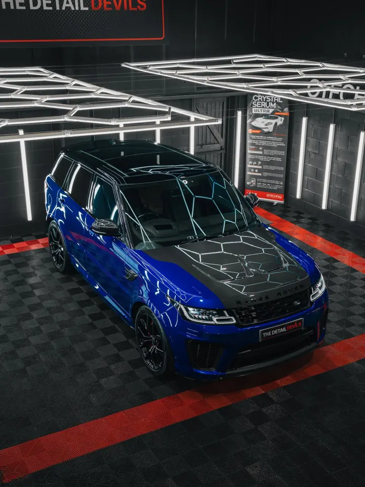 Blue Range Rover Sport SVR with carbon bonnet from above